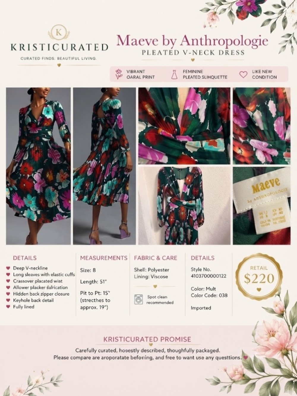 🌸 Maeve Anthropologie Pleated Floral Midi Dress Green V-Neck Size 8 Like New - Picture 2 of 9